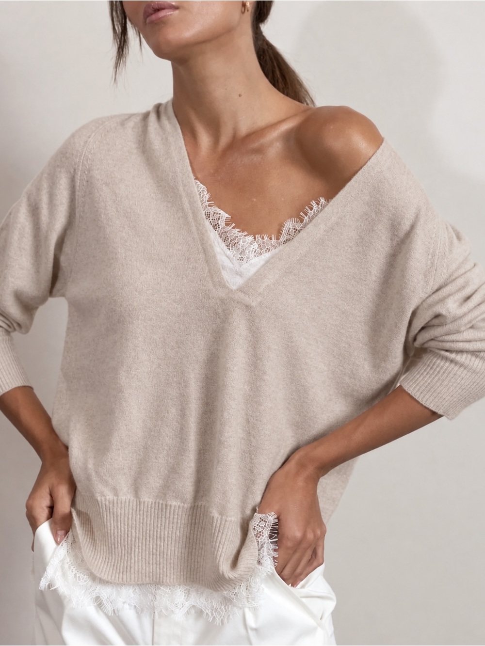 Brochu Walker The Lace Vee Looker Pullover Cashmere Wool Lace Sweater XS $398